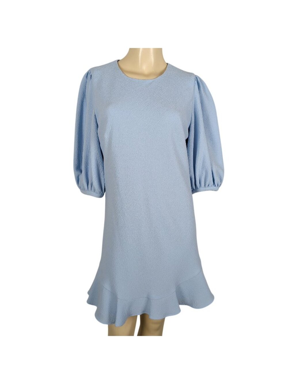 Black Halo Morello Blue Mini Dress Sz 8 Textured Shift Ruffle Hem Puff Sleeve